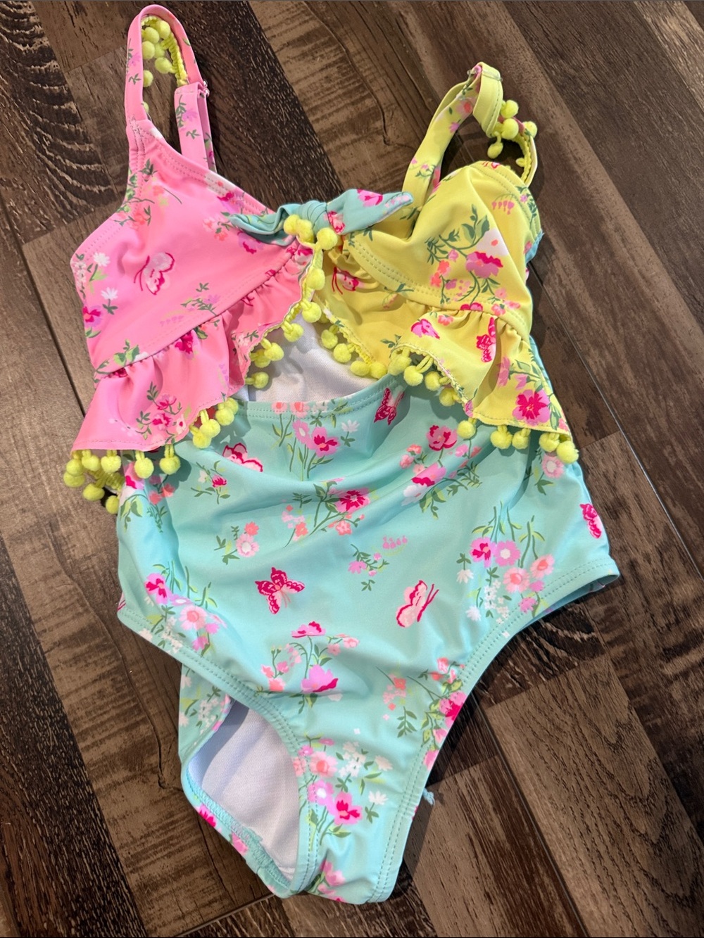 Girls Floral One-Piece Swimsuit with Pom Trim - Pink, Yellow & Aqua
